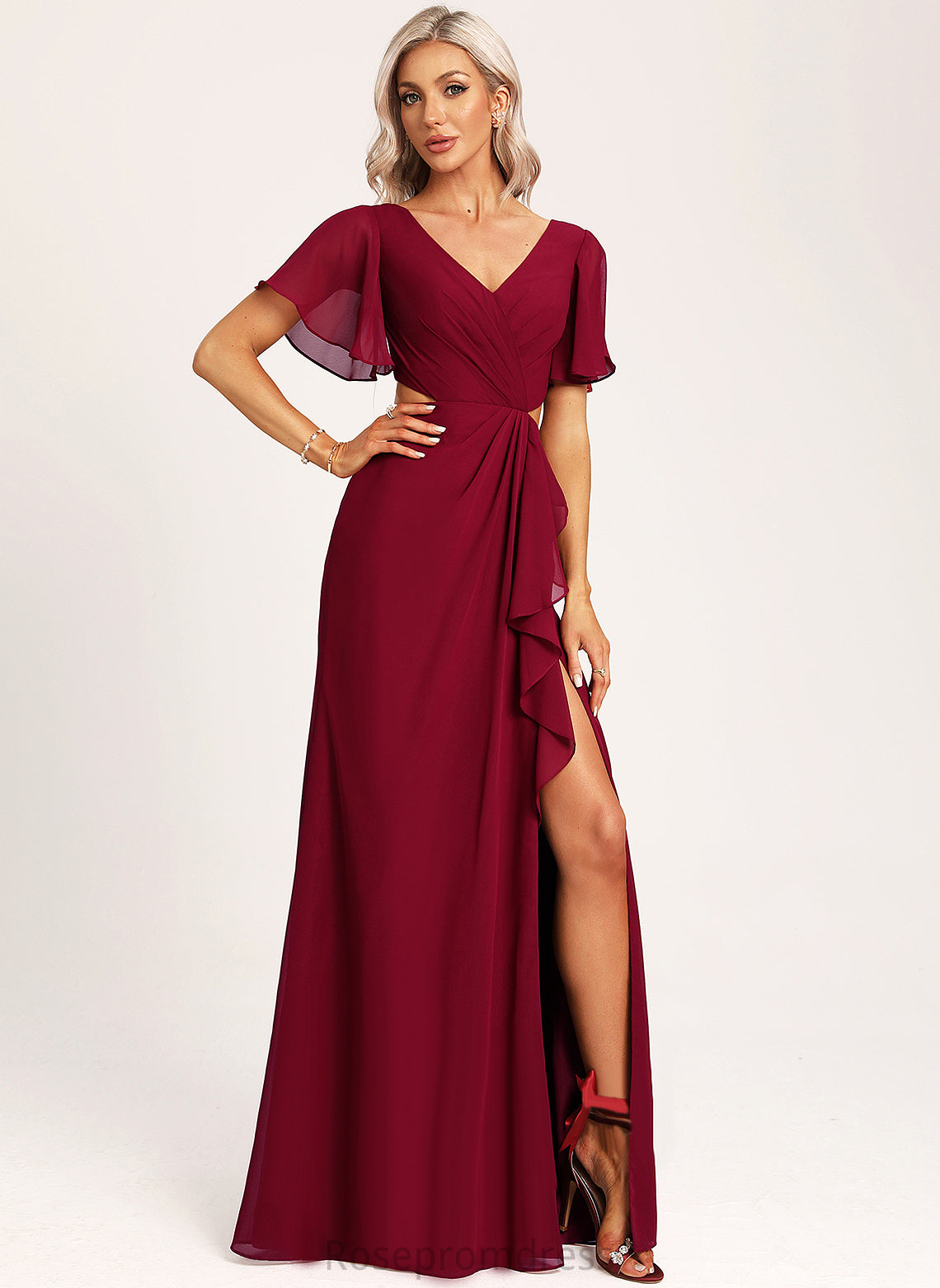 Embellishment Fabric Silhouette Length Ruffle Floor-Length Neckline A-Line V-neck Jamya Bridesmaid Dresses