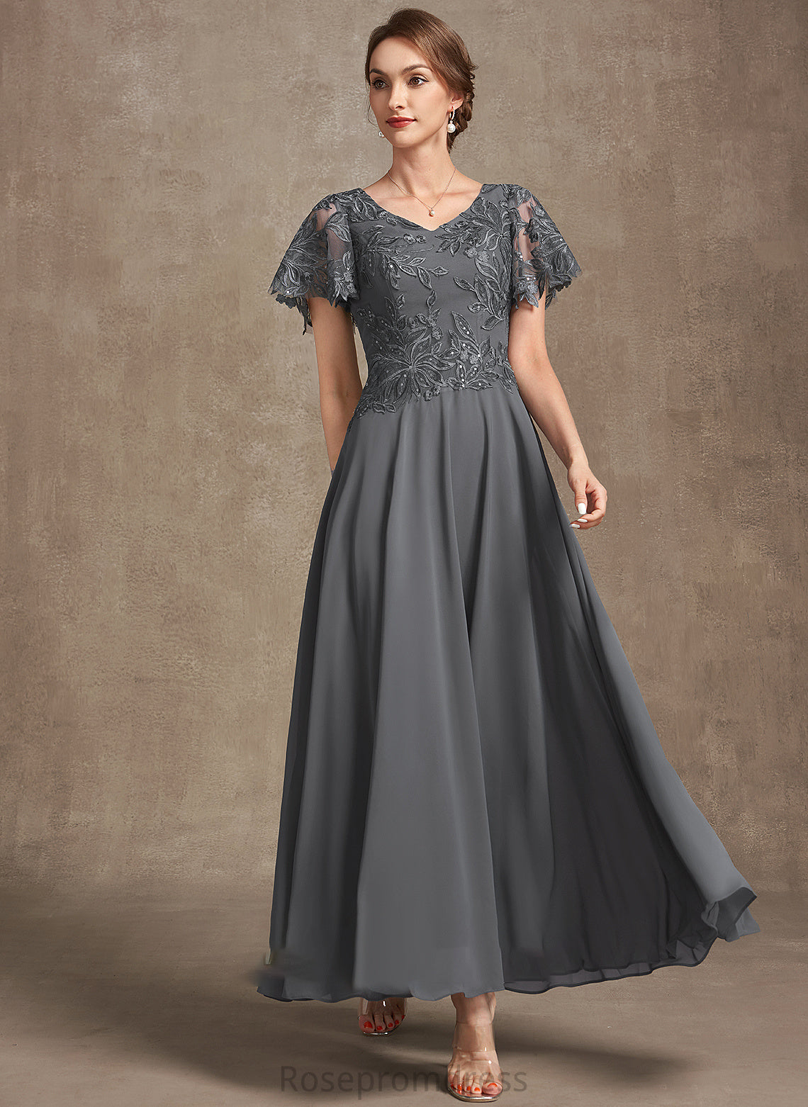 With Bride Lace Mother Sequins of Chiffon the A-Line Dress Ankle-Length Mother of the Bride Dresses Brielle V-neck