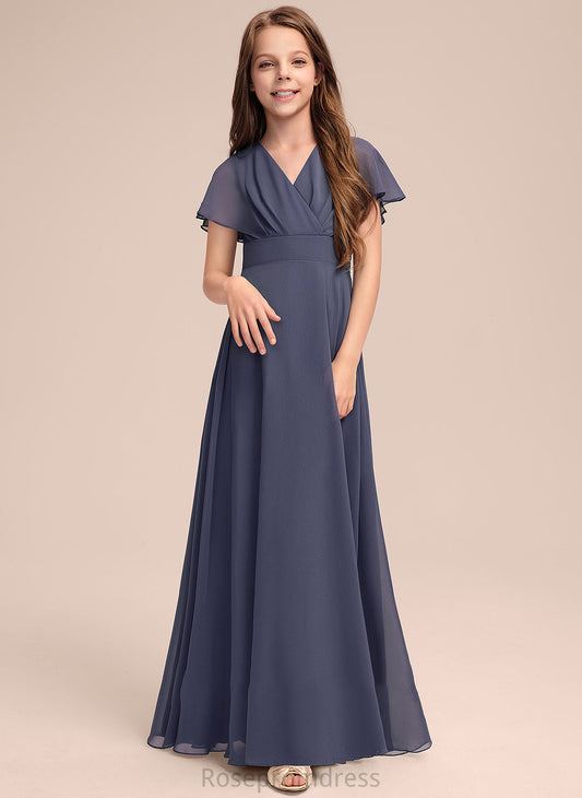 With Nicky V-neck Floor-Length Bow(s) A-Line Ruffle Junior Bridesmaid Dresses Chiffon