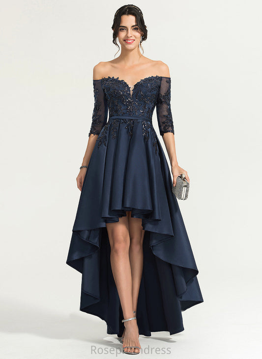 Asymmetrical With Khloe A-Line Sequins Prom Dresses Off-the-Shoulder Lace Satin