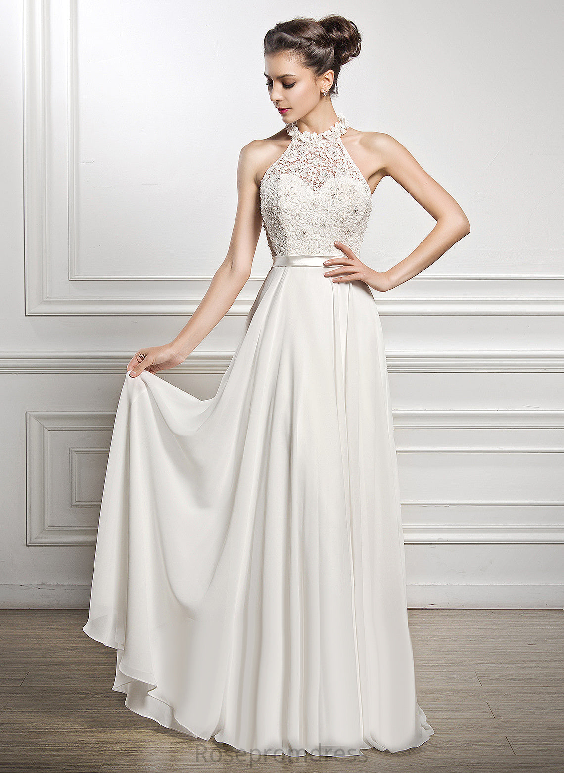 Floor-Length Wedding Wedding Dresses A-Line Beading Lace Sequins Chiffon Dress Joy With