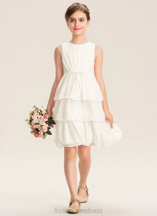 Ruffles Chiffon Cheyenne Bow(s) Cascading Neck A-Line With Knee-Length Scoop Junior Bridesmaid Dresses