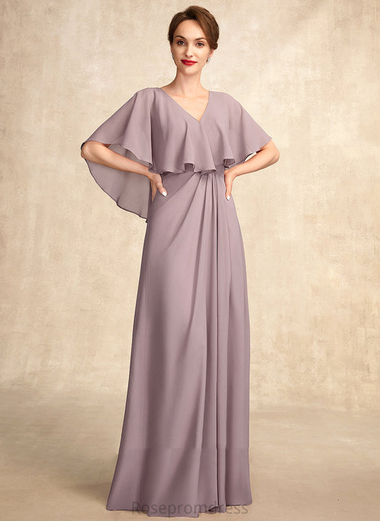 of A-Line Dress the With Chiffon Mother of the Bride Dresses Floor-Length Mother Bride Rose Ruffle V-neck