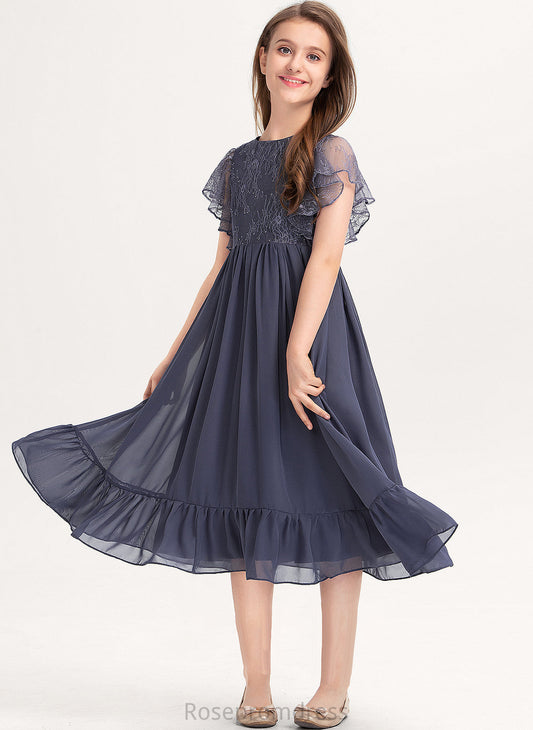 With Lace Knee-Length Novia Scoop Cascading A-Line Ruffles Chiffon Neck Junior Bridesmaid Dresses