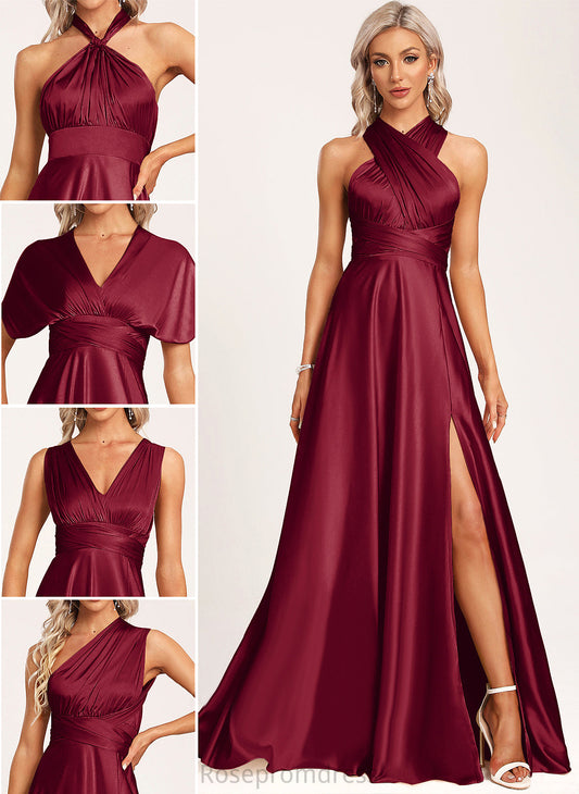 Halter Neckline Satin Fabric Length Floor-Length Silhouette A-Line One-Shoulder Straps&Sleeves V-neck Paisley Bridesmaid Dresses