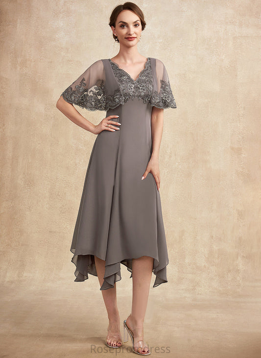 Mother Bride With the Dress Lace Sequins Alicia of Tea-Length V-neck Beading A-Line Chiffon Mother of the Bride Dresses