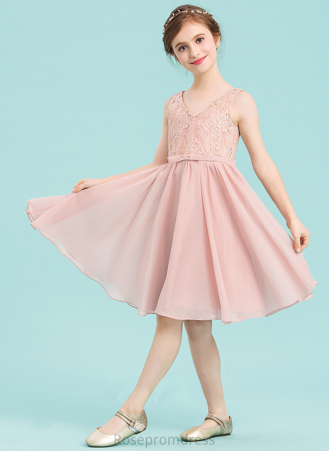 A-Line With Knee-Length Chiffon Bow(s) Junior Bridesmaid Dresses Wendy V-neck