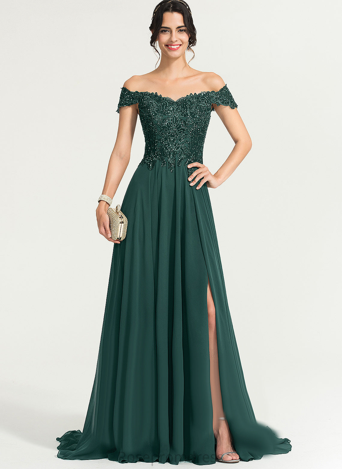 Chiffon Off-the-Shoulder Sequins Sweep A-Line Savanna Train Lace With Prom Dresses