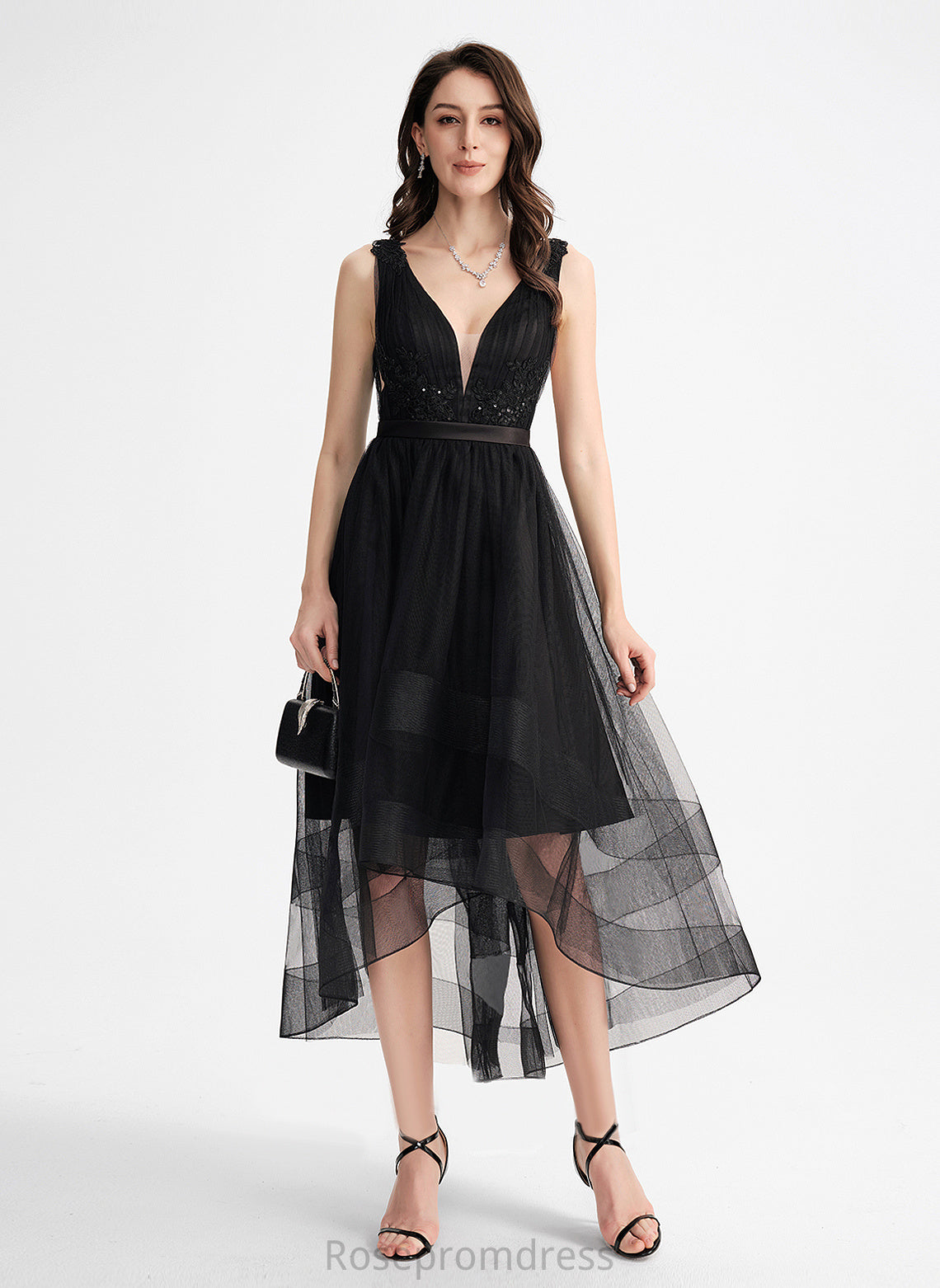 Ina Lace Cocktail With Tulle A-Line Sequins Cocktail Dresses V-neck Asymmetrical Dress