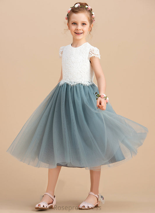 Tea-length Girl - Scoop Sleeveless Flower Flower Girl Dresses A-Line Dress Makaila Neck Tulle/Lace