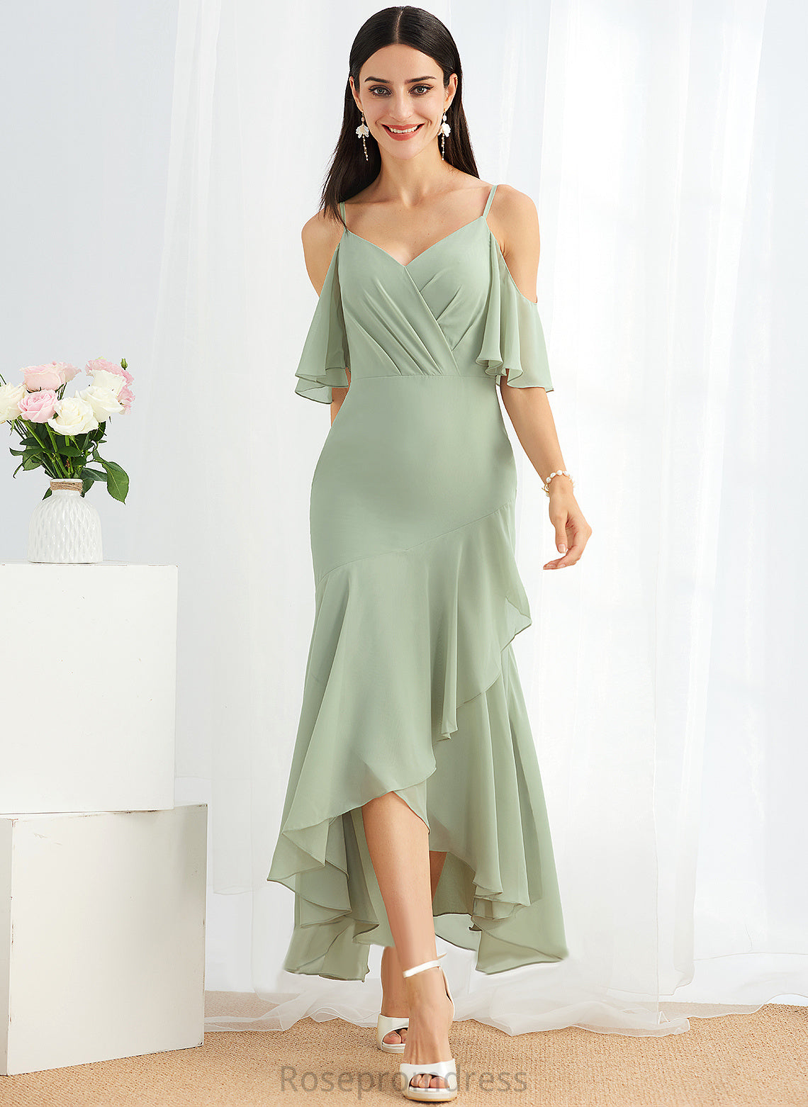 Trumpet/Mermaid Journey Cocktail Dresses With Cocktail Chiffon Asymmetrical Dress V-neck Ruffle