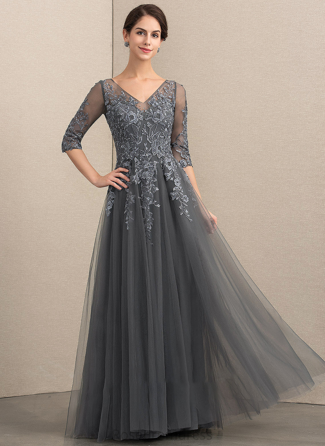 With A-Line Beading Lace V-neck Mother Bride Sequins Dress of the Mother of the Bride Dresses Cameron Floor-Length Tulle