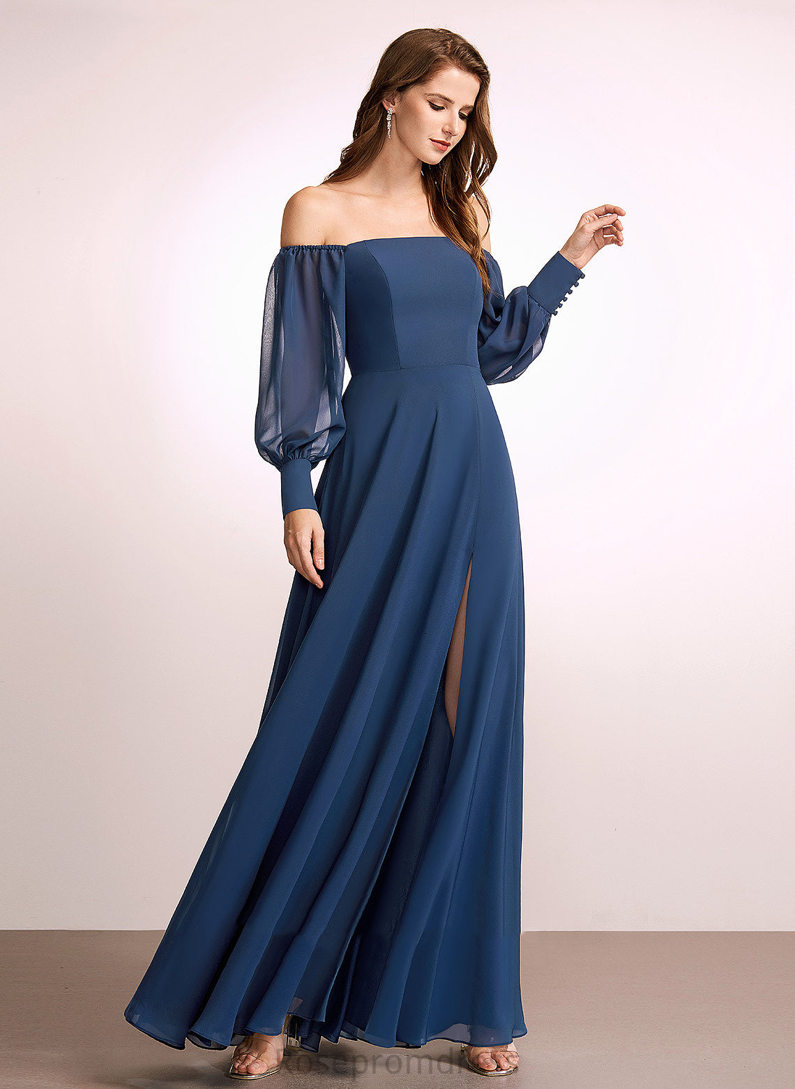 Embellishment A-Line Off-the-Shoulder Neckline Length Silhouette SplitFront Floor-Length Fabric Paulina V-Neck Natural Waist Bridesmaid Dresses