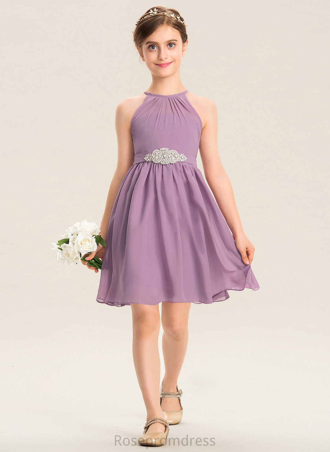 Junior Bridesmaid Dresses With Aryanna Beading Chiffon Ruffle Neck Knee-Length Scoop A-Line