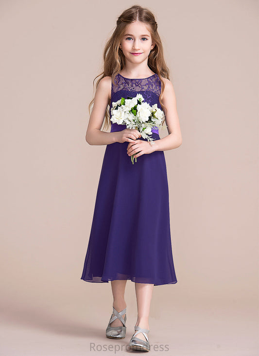 Junior Bridesmaid Dresses A-Line Adalyn Chiffon Tea-Length Scoop Neck