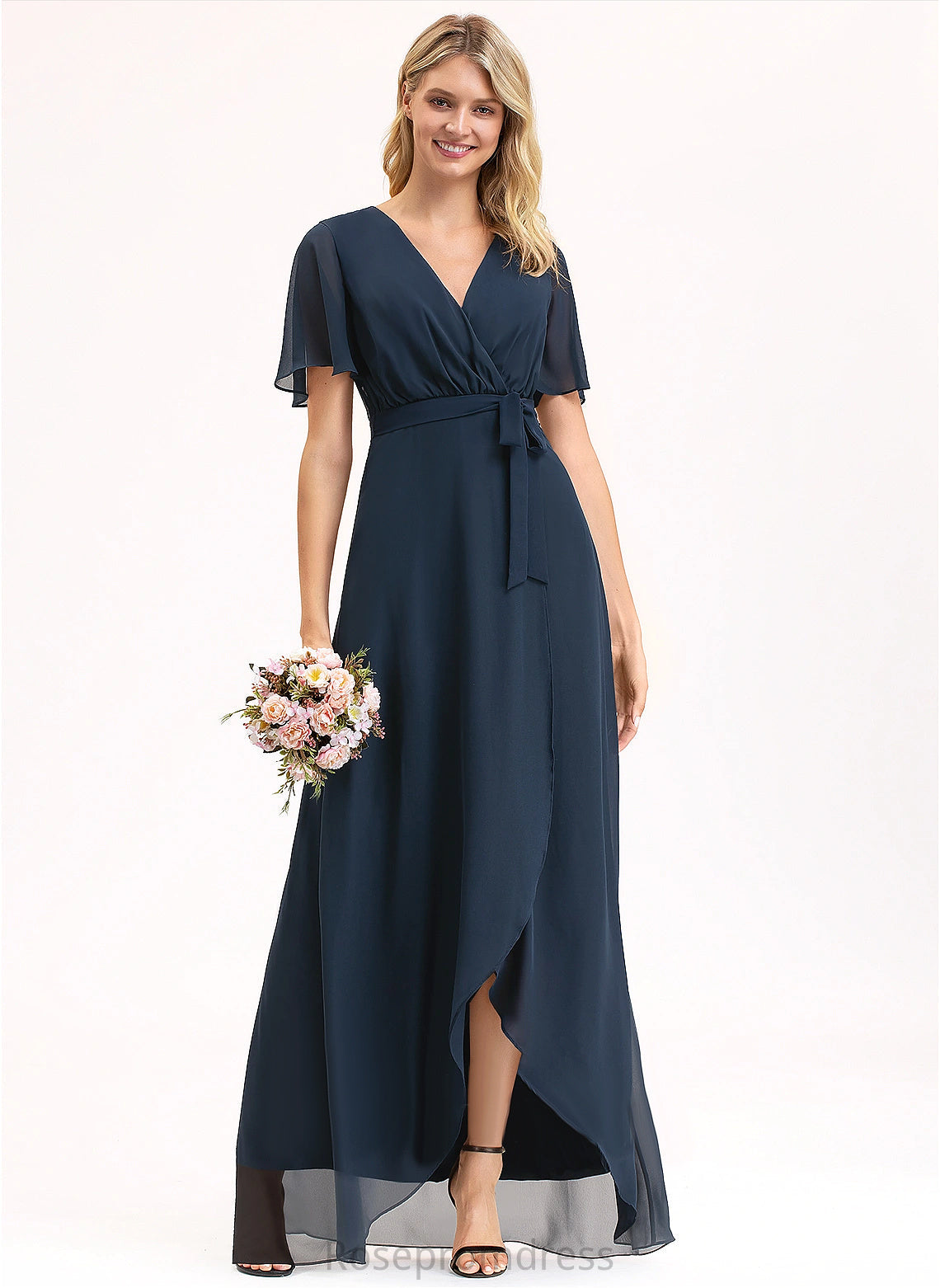 A-line Length Fabric Embellishment V-Neck Silhouette Asymmetrical Neckline Pamela Sleeveless A-Line/Princess Off The Shoulder Bridesmaid Dresses