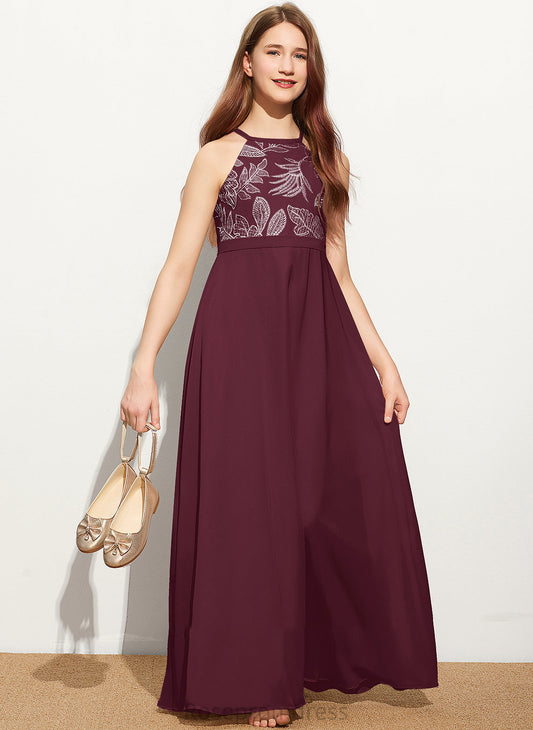 Floor-Length Neck Scoop Chiffon With A-Line Bow(s) Junior Bridesmaid Dresses Lace Laney