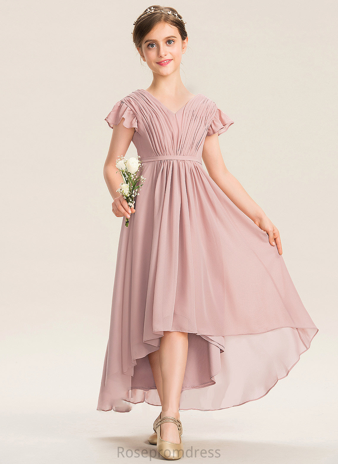 Angelica V-neck Asymmetrical Junior Bridesmaid Dresses Bow(s) Chiffon Ruffles A-Line Cascading With