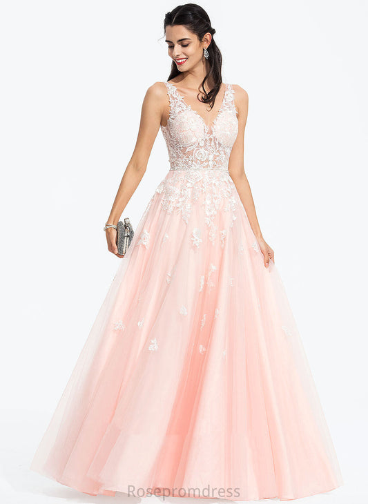 Sequins Prom Dresses V-neck With Ball-Gown/Princess Beading Saniya Floor-Length Lace Tulle