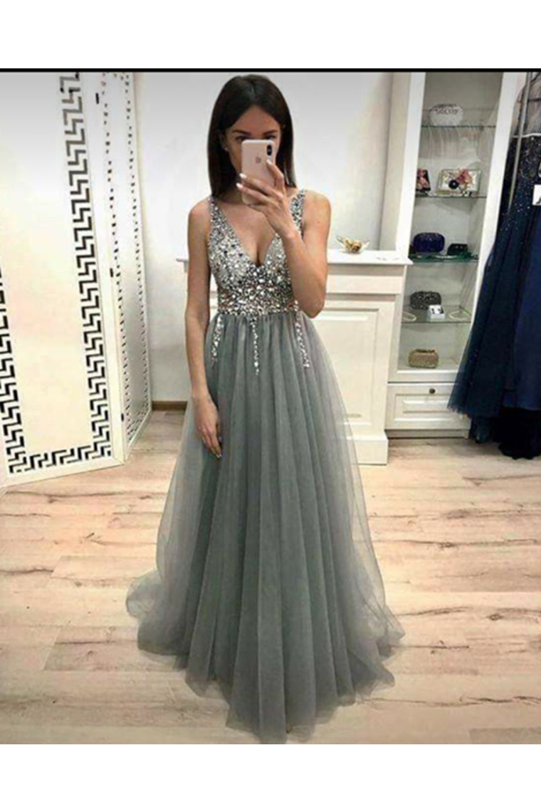 Prom Dresses V Neck Tulle Beads Floor Length