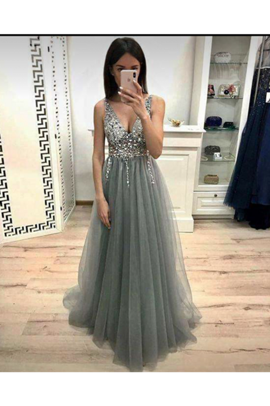 Prom Dresses V Neck Tulle Beads Floor Length