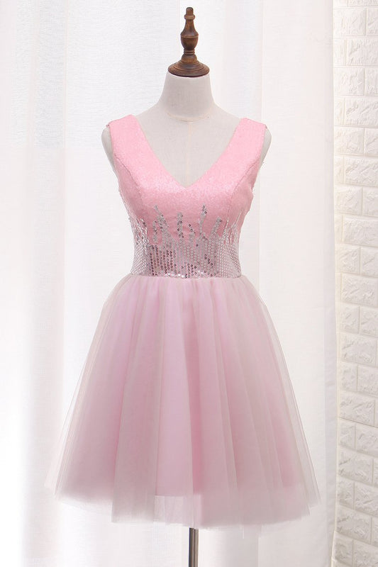 2024 V Neck Tulle A Line Homecoming Dresses Sequined Bodice Short/Mini