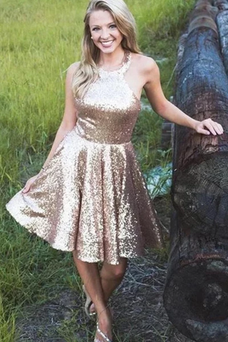 Halter Sequin A Line Backless Short Homecoming Dresses