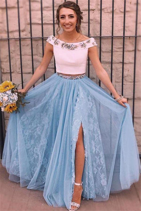 Elegant Two Pieces Round Neck Beading Long Prom Dresses with Split