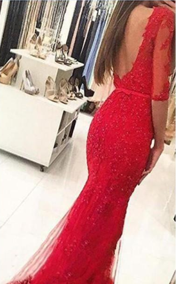 Graceful Red Beaded Lace Long Half Sleeve Backless Floor Length Mermaid prom Dresses RS703