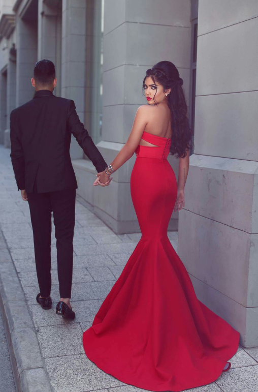 Gorgeous Strapless Sweetheart Sleeveless Open Back Mermaid Red Long Prom Dresses RS768