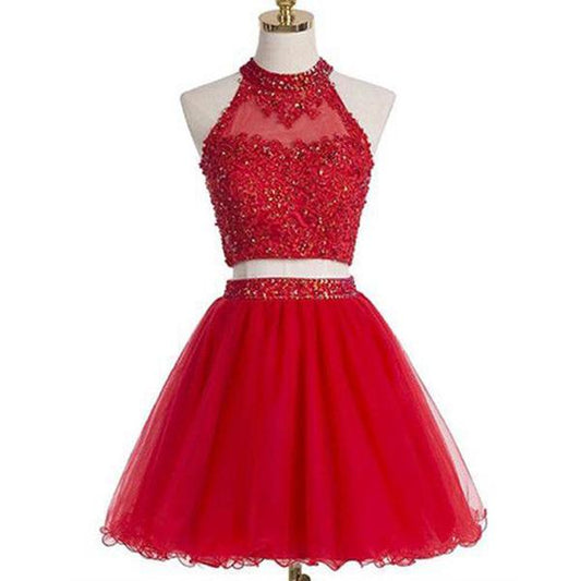 Two-piece Scoop Short Red Beaded Homecoming Dress with Appliques Sequins RS485