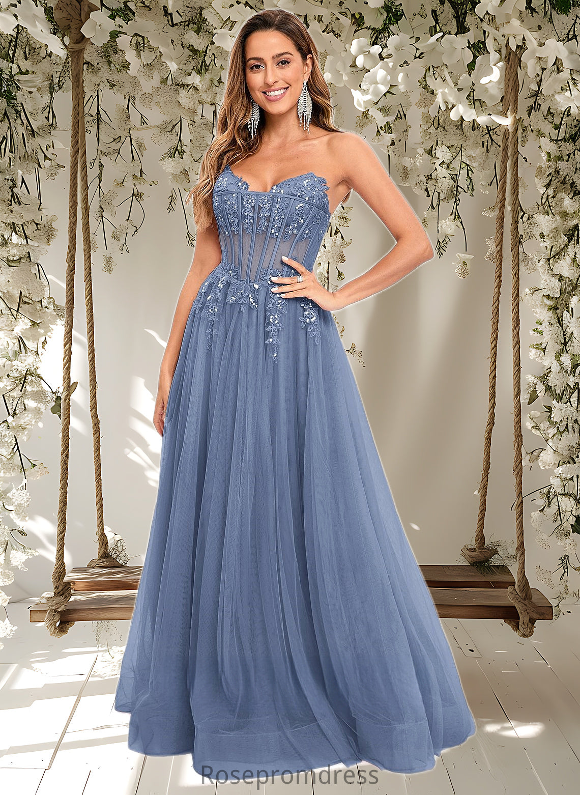 Camila Ball-Gown/Princess V-Neck Floor-Length Tulle Prom Dresses With Sequins Appliques Lace DSP0025837