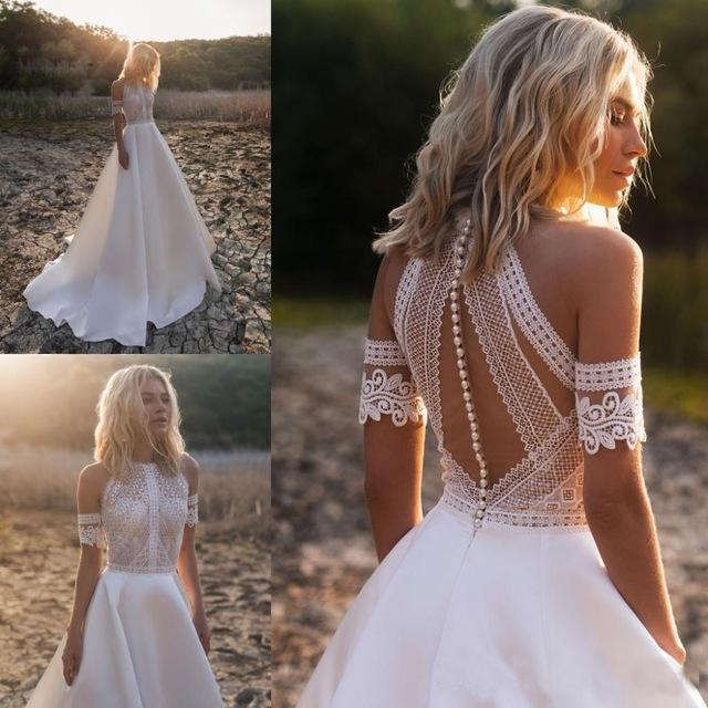 Sexy Lace Appliques High Neck Country Wedding Dresses, Beach Bridal Dresses SRS15528