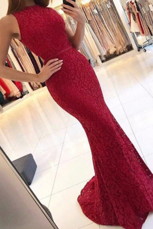 Charming New Arrival Mermaid Round Neck Dark Red Lace Prom Dresses RS385