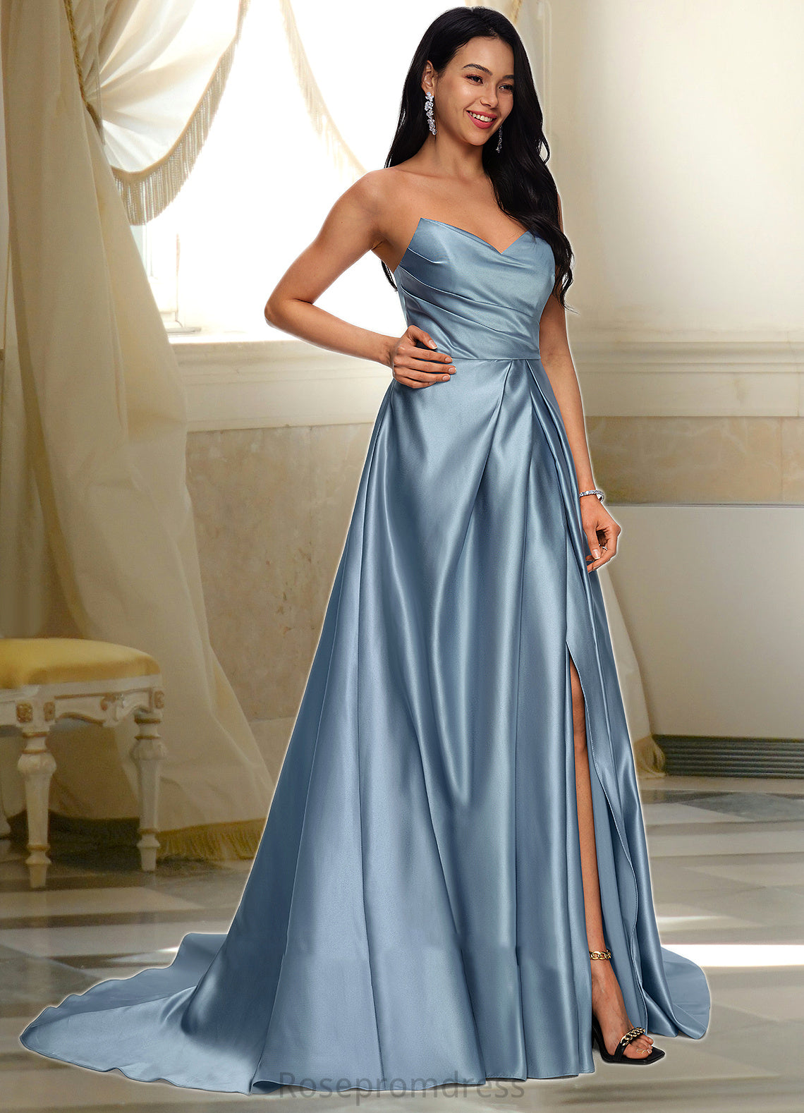 Juliet Ball-Gown/Princess V-Neck Sweep Train Satin Prom Dresses SRSP0022191