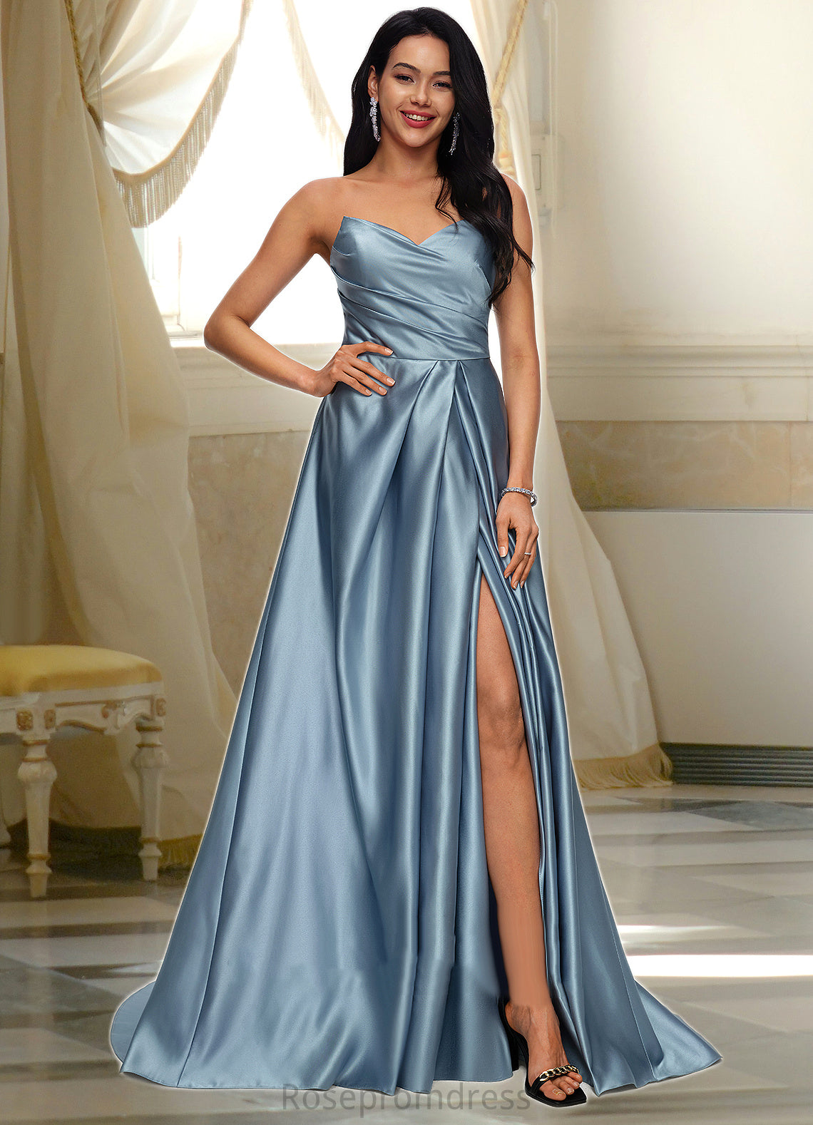 Juliet Ball-Gown/Princess V-Neck Sweep Train Satin Prom Dresses SRSP0022191