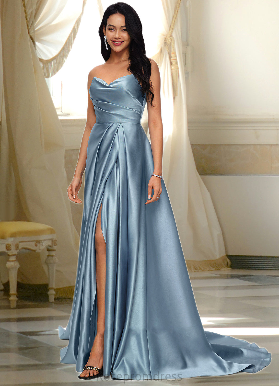 Juliet Ball-Gown/Princess V-Neck Sweep Train Satin Prom Dresses SRSP0022191