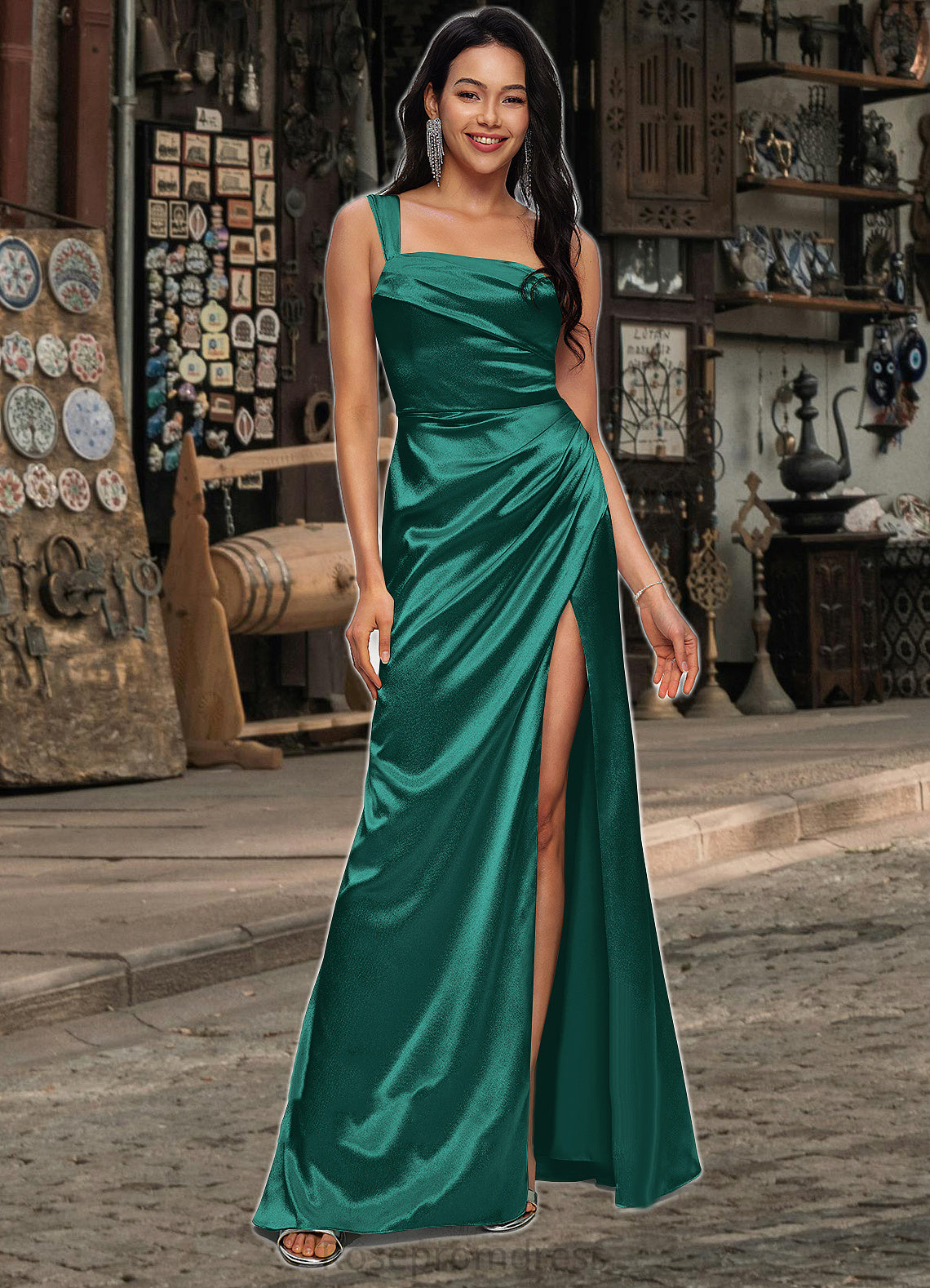 Tessa Sheath/Column Asymmetrical Floor-Length Stretch Satin Prom Dresses SRSP0022193