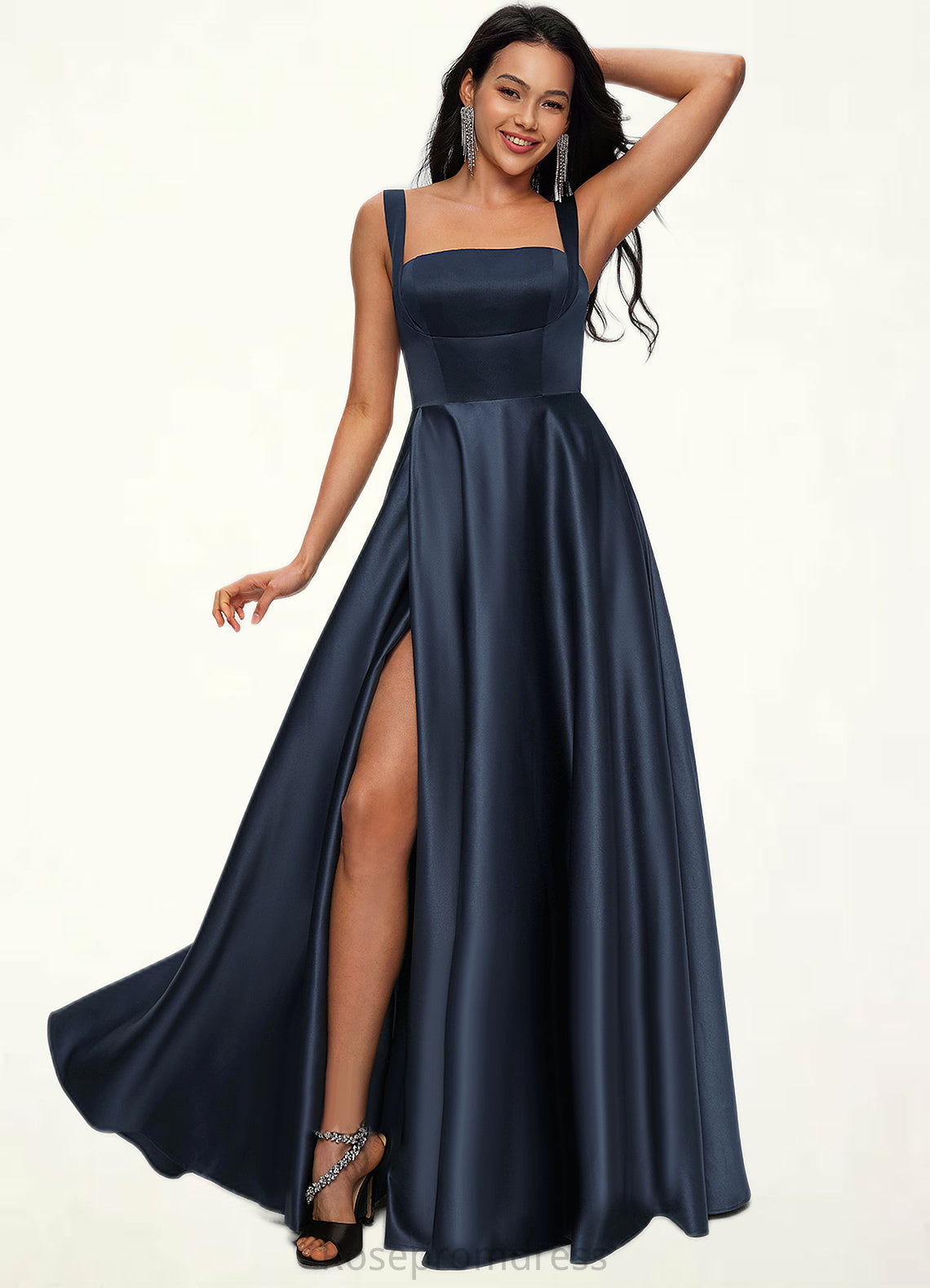 Tricia A-line Straight Floor-Length Satin Prom Dresses With Bow SRSP0022195