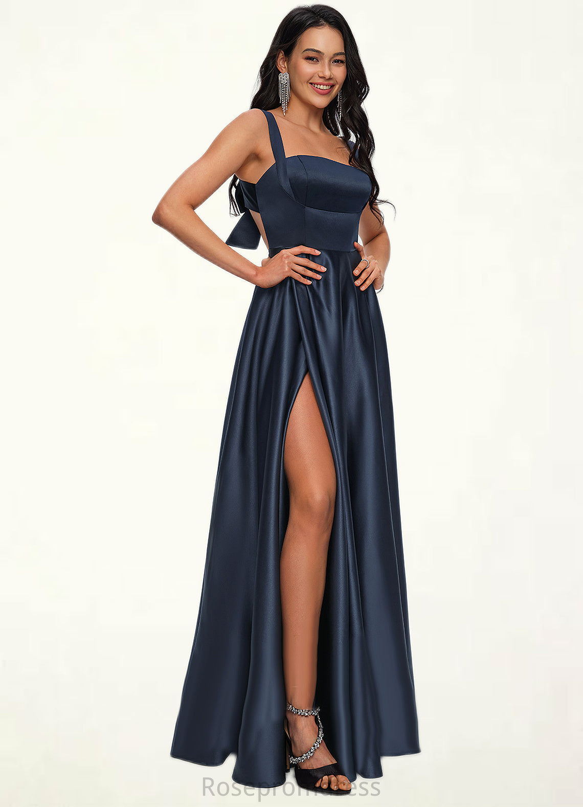 Tricia A-line Straight Floor-Length Satin Prom Dresses With Bow SRSP0022195