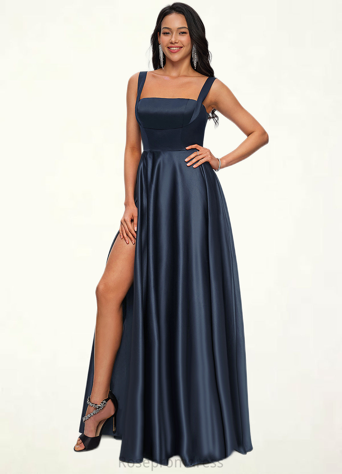 Tricia A-line Straight Floor-Length Satin Prom Dresses With Bow SRSP0022195