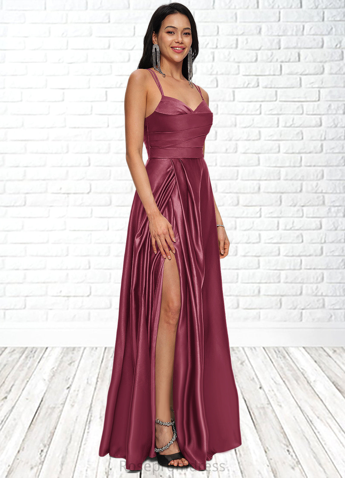 Samantha A-line V-Neck Floor-Length Satin Prom Dresses SRSP0022197