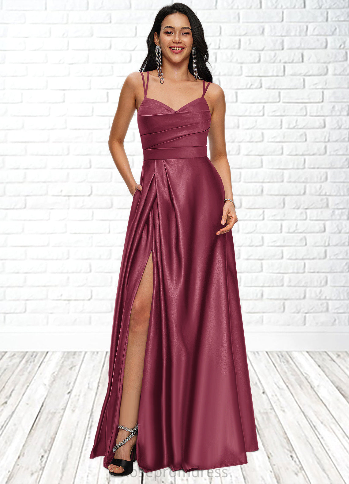 Samantha A-line V-Neck Floor-Length Satin Prom Dresses SRSP0022197