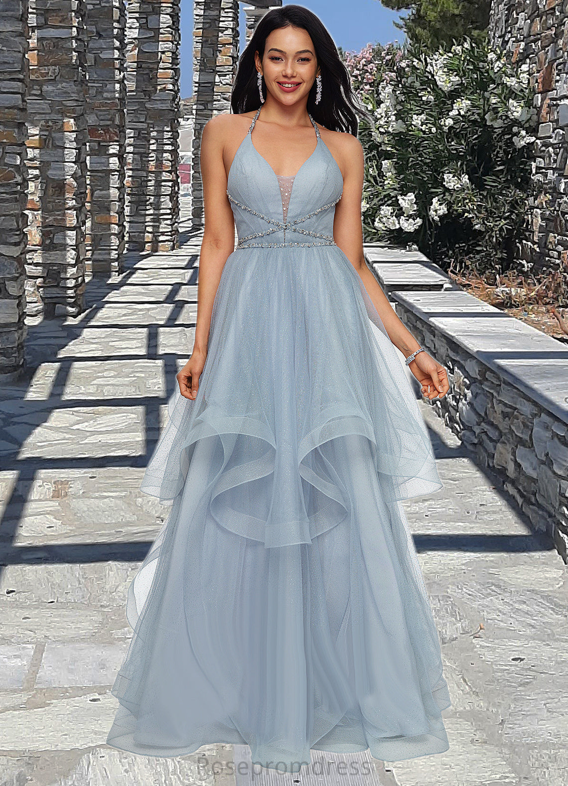 Adyson Ball-Gown/Princess Halter V-Neck Floor-Length Tulle Prom Dresses With Beading Rhinestone Sequins SRSP0022199