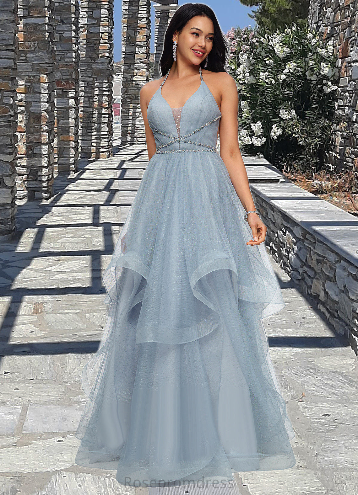 Adyson Ball-Gown/Princess Halter V-Neck Floor-Length Tulle Prom Dresses With Beading Rhinestone Sequins SRSP0022199