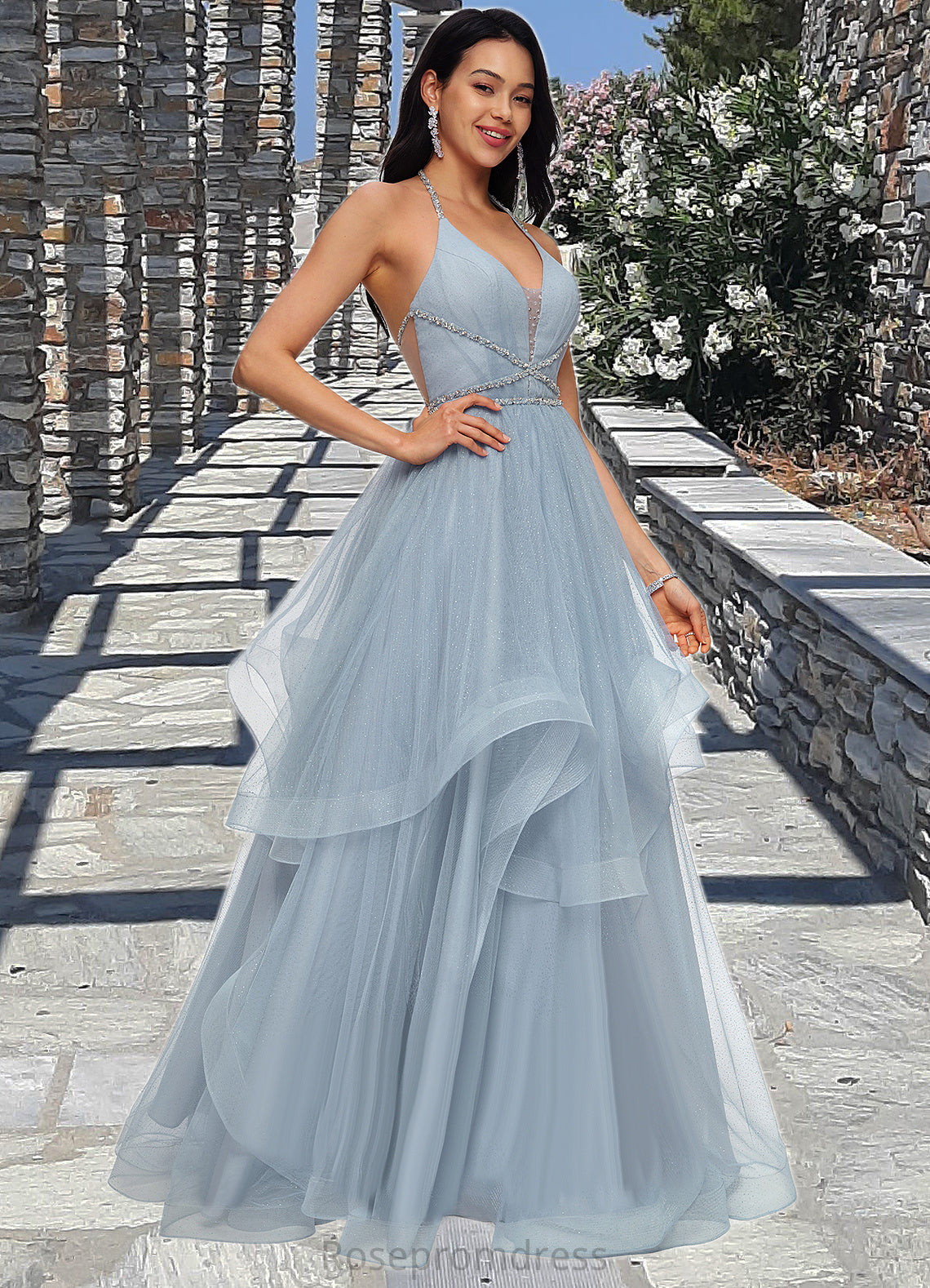 Adyson Ball-Gown/Princess Halter V-Neck Floor-Length Tulle Prom Dresses With Beading Rhinestone Sequins SRSP0022199