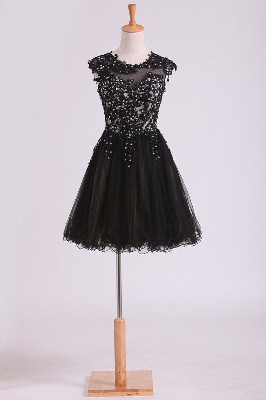 2024 Black Scoop Short/Mini Homecoming Dresses A Line Tulle With Applique And Beading