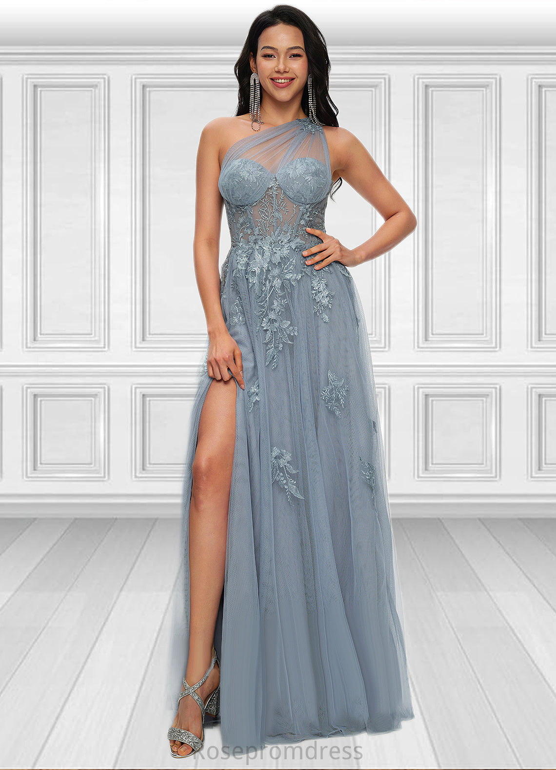 Izabella A-line One Shoulder Floor-Length Tulle Prom Dresses With Appliques Lace Sequins SRSP0022200