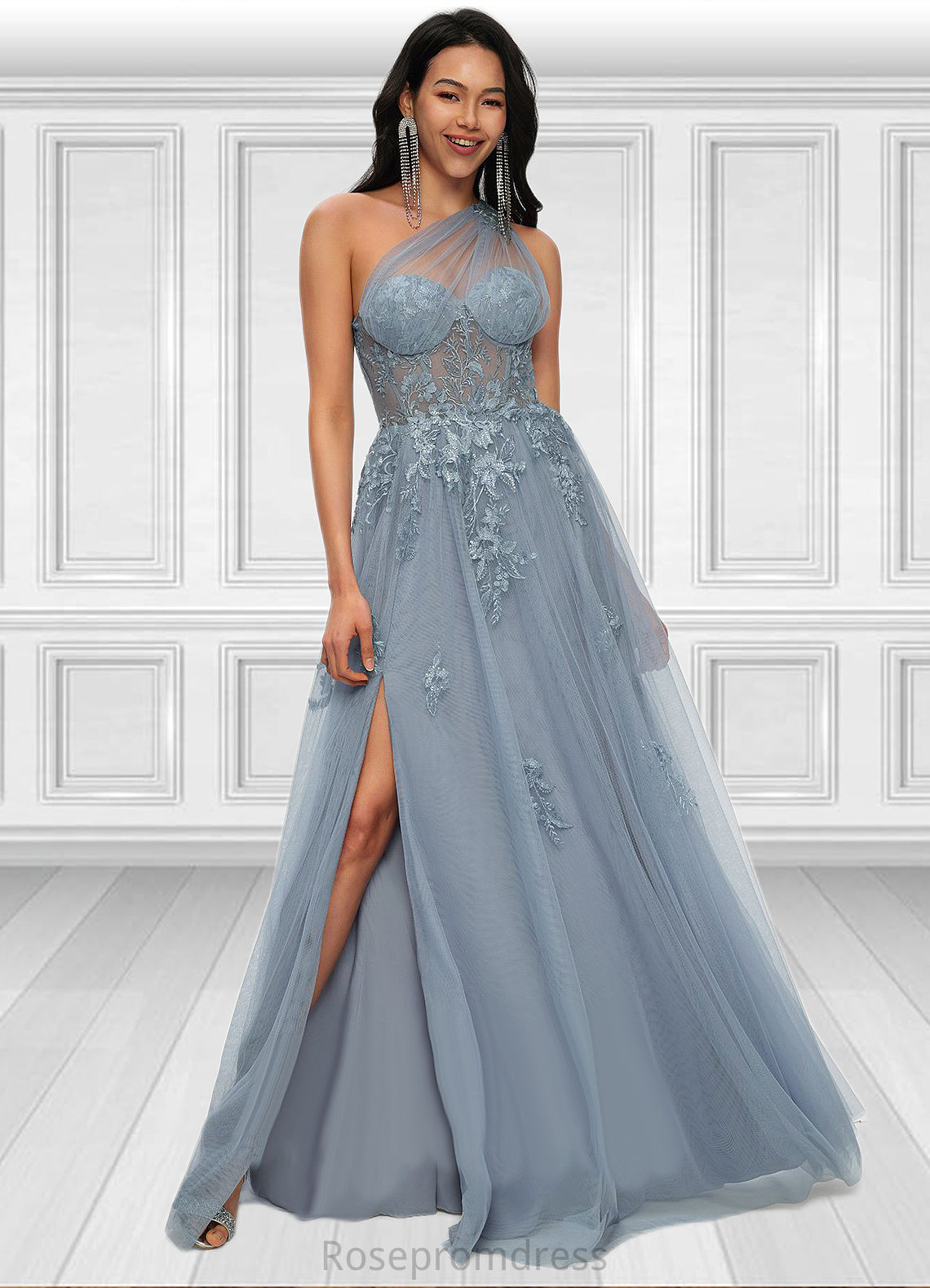 Izabella A-line One Shoulder Floor-Length Tulle Prom Dresses With Appliques Lace Sequins SRSP0022200