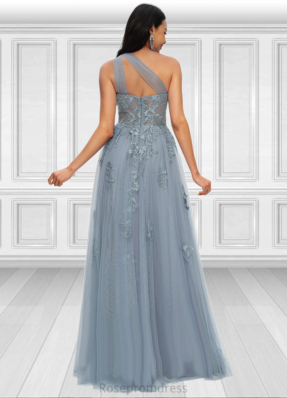 Izabella A-line One Shoulder Floor-Length Tulle Prom Dresses With Appliques Lace Sequins SRSP0022200